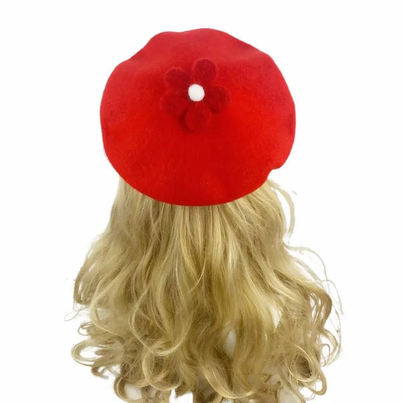 

Flower Red Wool Beret Hat Women French Artist Beanies Handmade Cap Kawaii Story Hat Cute Women Cap High Quality