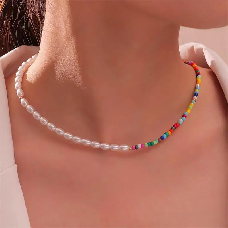 

Charm Creative Pearl Color Bead Splicing Necklace For Women Girls Pastoral Choker Female Clavicle Neck Chain Aesthetic Jewelry