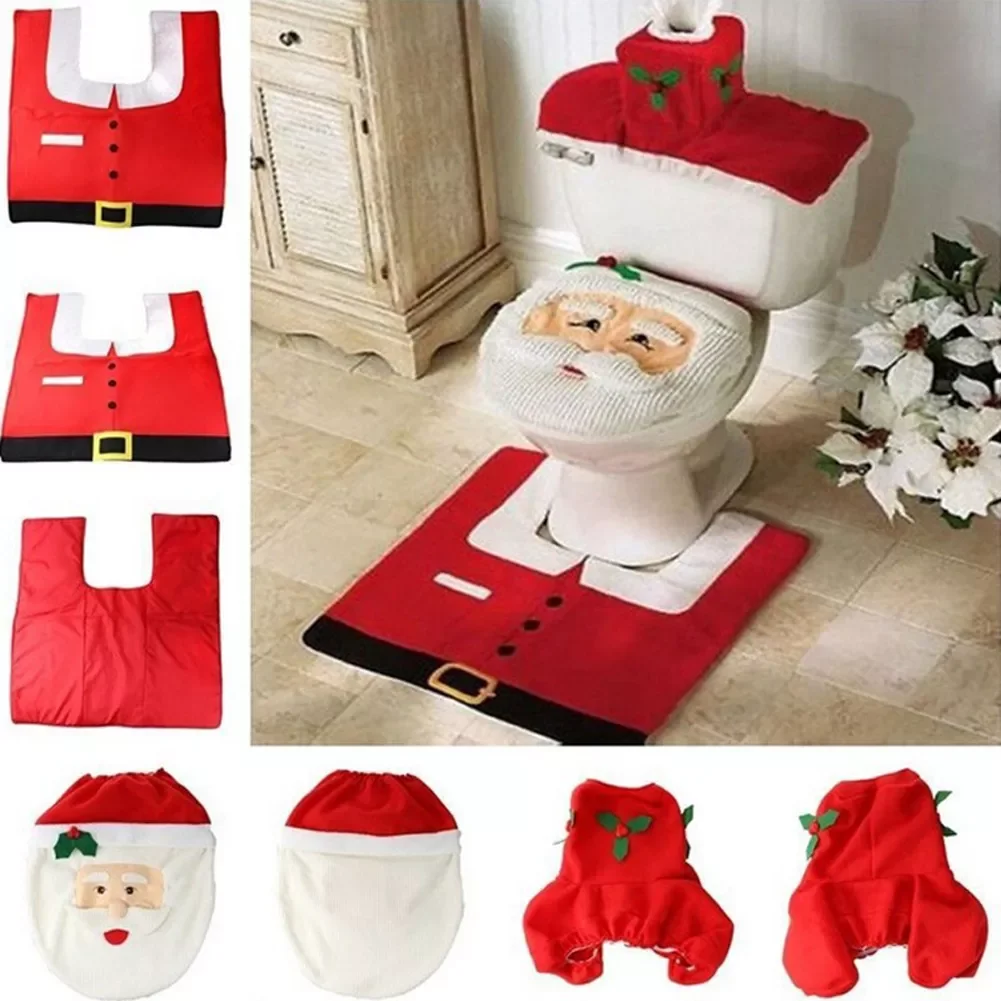 

NEW2022 Santa Toilet Pattern Toilet Seat Cover Paper Rug Closestool Mat Christmas Decoration Toilet Case Set Bathroom Accessorie