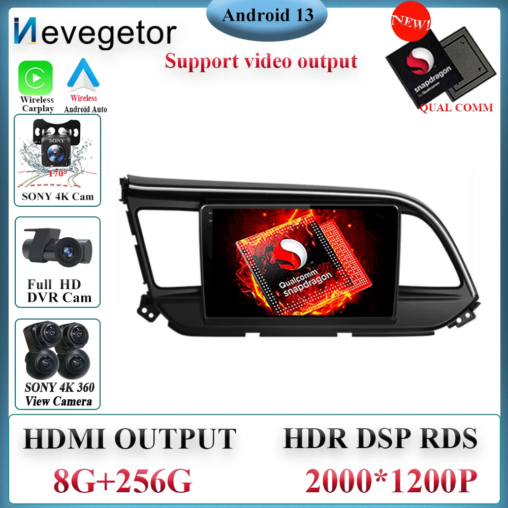 

Мультимедийный плеер Qualcomm Snapdragon, 4G, Wi-Fi, QLED, Android 13, для Hyundai Elantra 2019, 2 Din, GPS, радио