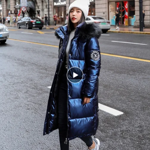 

Lusumily 2022 New Long Coat Women Winter Down Jacket Chic Big Fur Warm Ultra Light Oversized Female Parka Hooded Glossy Jackets