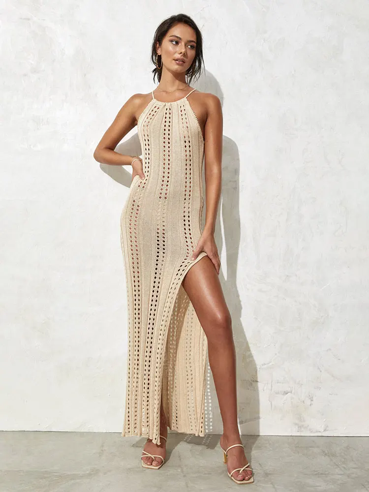 

RDMQ 2023 Knitted Sexy Strap Halter Mesh Hollow Out Beach Maxi Dress Crochet Tunic Bikinis Cover-ups Summer Women Beachwear