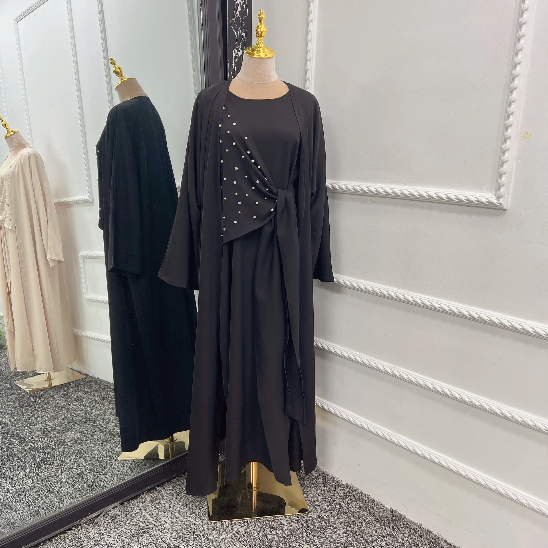 2 Piece Matching Muslim Sets Hijab Dress Pearl Abayas for Women Dubai Turkey Open Abaya Kimono Wrap Inner Dresses African Islam images - 6