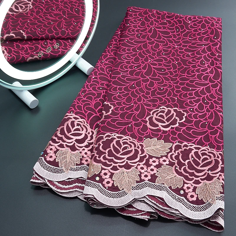 

Нигерийская швейцарская вуаль, кружевная ткань, 2023 Африканское хлопковое кружево с камнем, 5 ярдов, вышитая хлопковая ткань, Австрия, для веч...