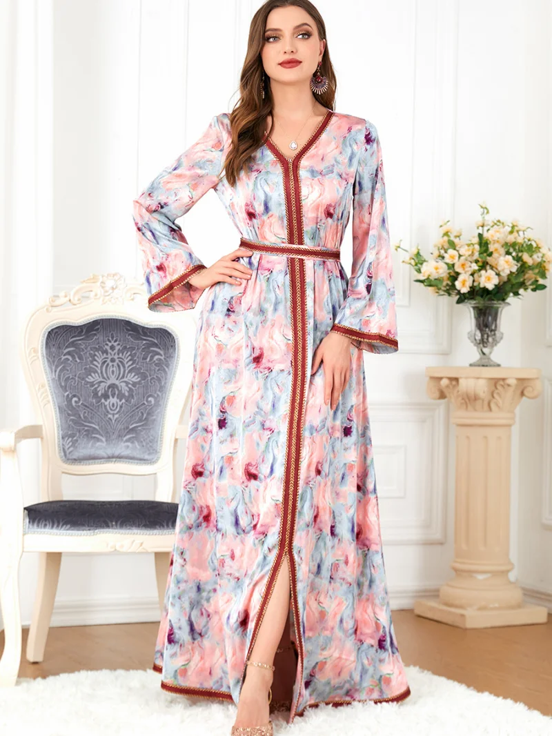 Abayas For Women Dubai Party Dresses V-Neck Long Sleeve Elegant Floral Print Belted Kaftan Ladies Dresses Abayat Ramadan