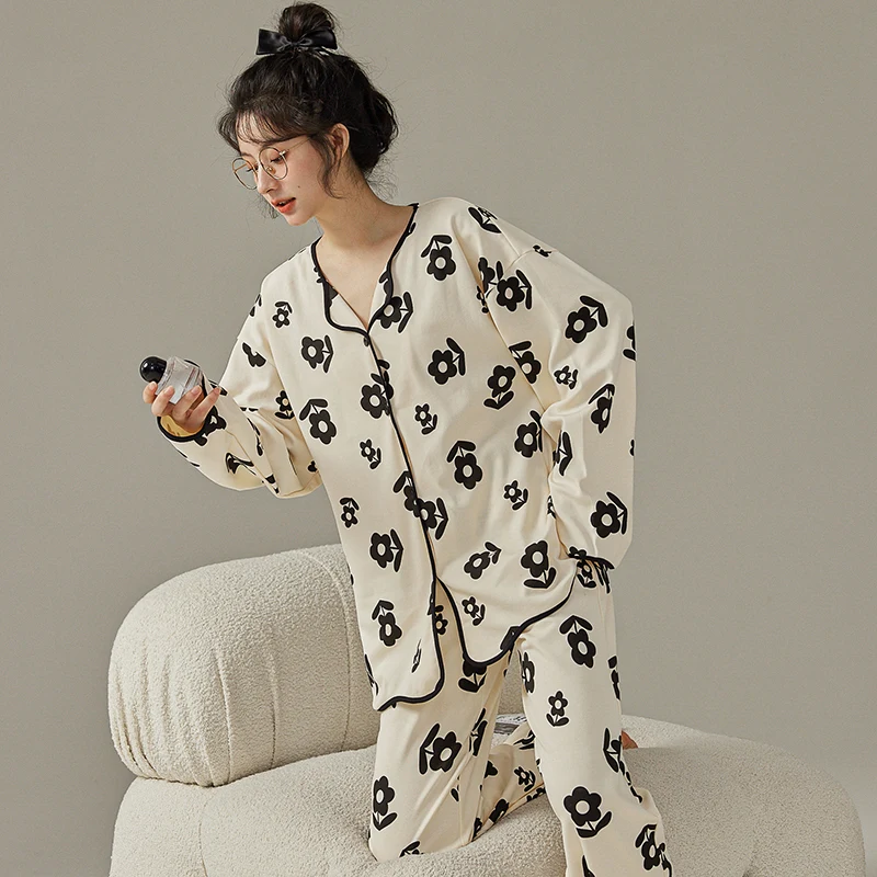 Spring Fall Fashion Faux Cotton Long Pajama Women Stylish Flower Sleepwear Sets Girl