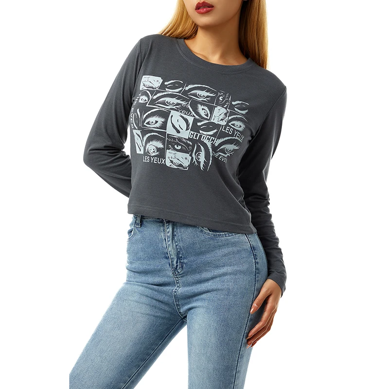 

Women Casual Long Sleeve T-shirt Vintage Unique Print Leaky Belly Button Slim Female Crop Tops Tee