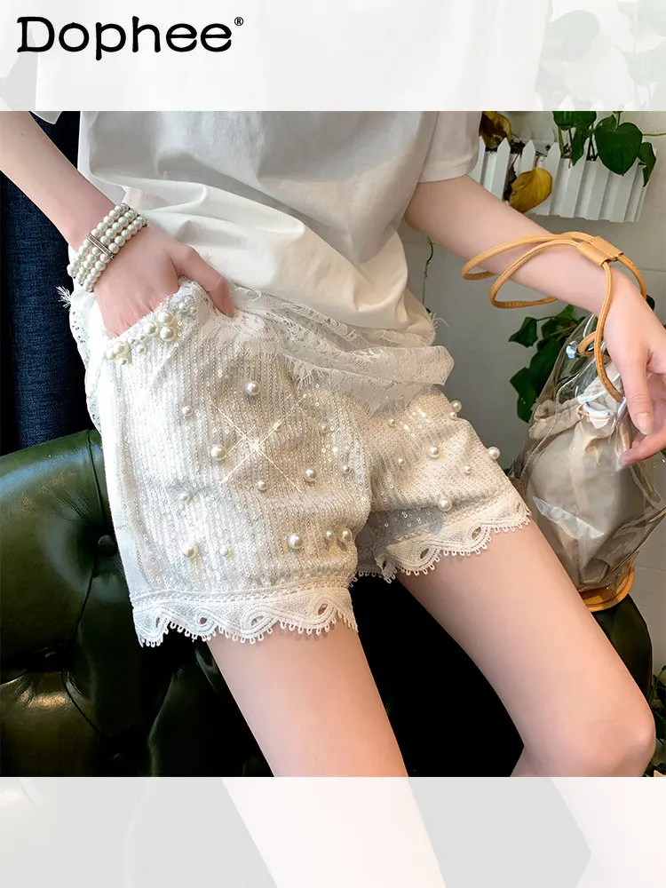 

Тяжелая промышленность жемчужные блестящие белые кружевные шорты женские Модные приталенные повседневные шорты в Корейском стиле Новинка Лето 2023 короткие шорты