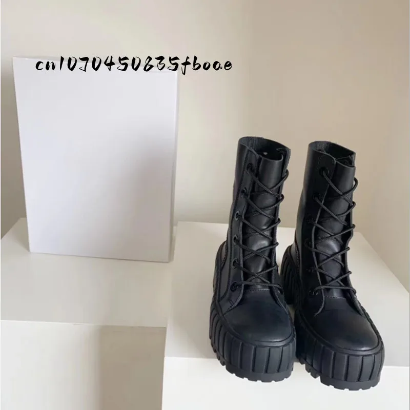 

Men's and women's short boots European and American autumn and winter fashion thick soled short boots lace up leather