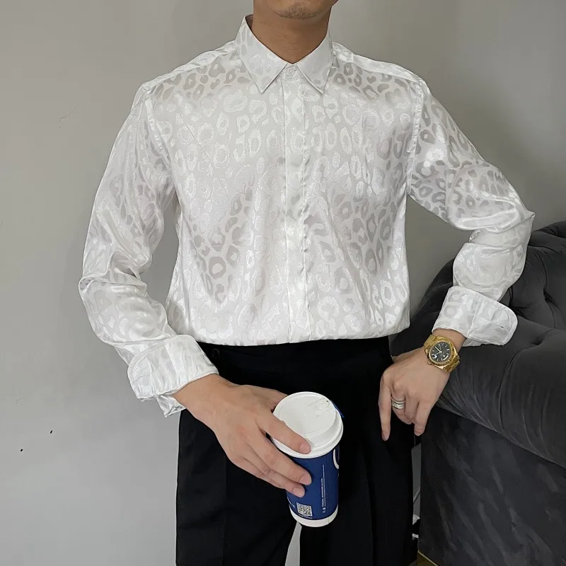 

2022 New Leopard Print Shirts Men Iron-free Long-sleeved Slim Shirt British Retro Silk Drape Cool Casual Business Dress Shirts