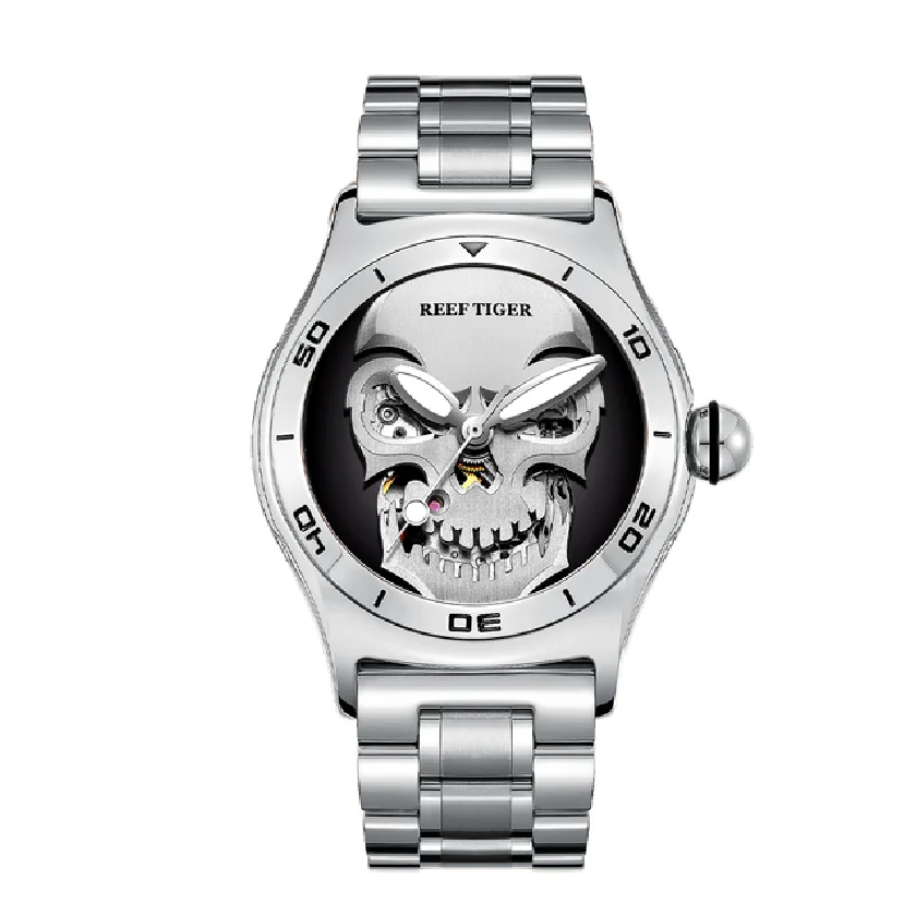 

Reef Tiger Men Automatic Watch Luxury Self Wind Mechanical Wristwatch Fashion Bubble Sapphire Skeleton Skull Dial RGA70S7