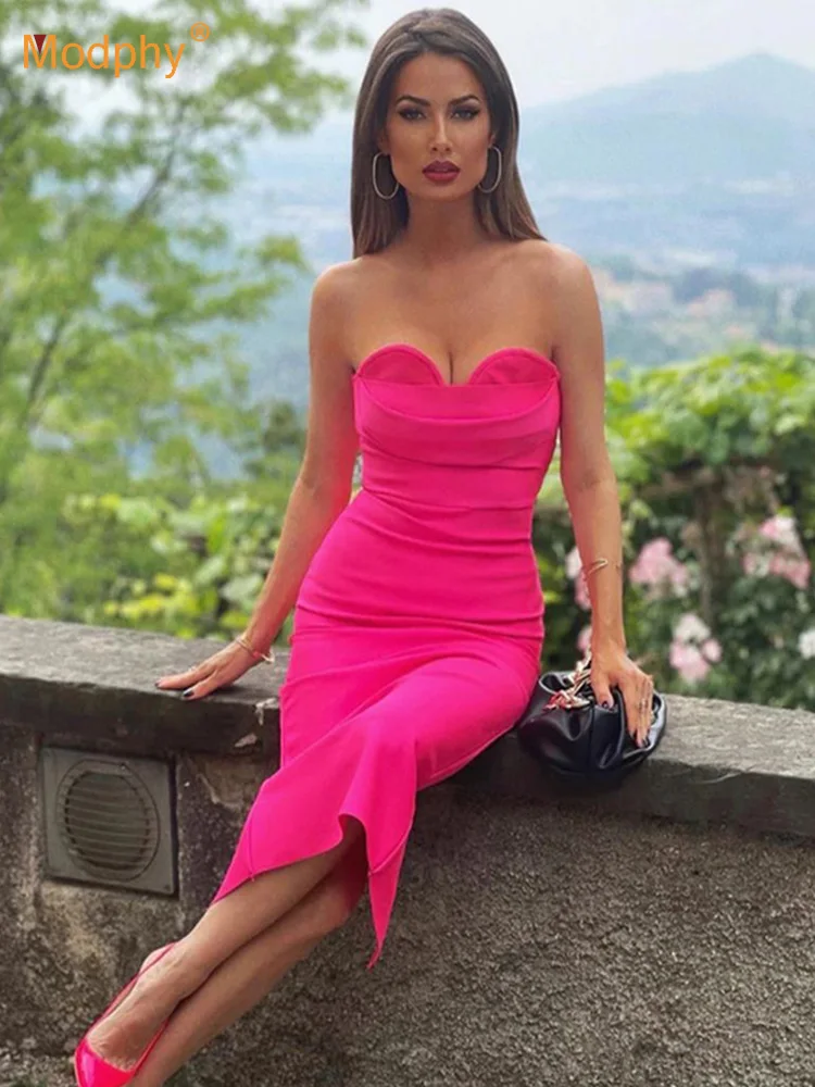 

2022 New Summer Tight Calf Long Club Party Bandage Dress Women Fashion Ladies Sexy Strapless Green Solid Color Strapless Dresses