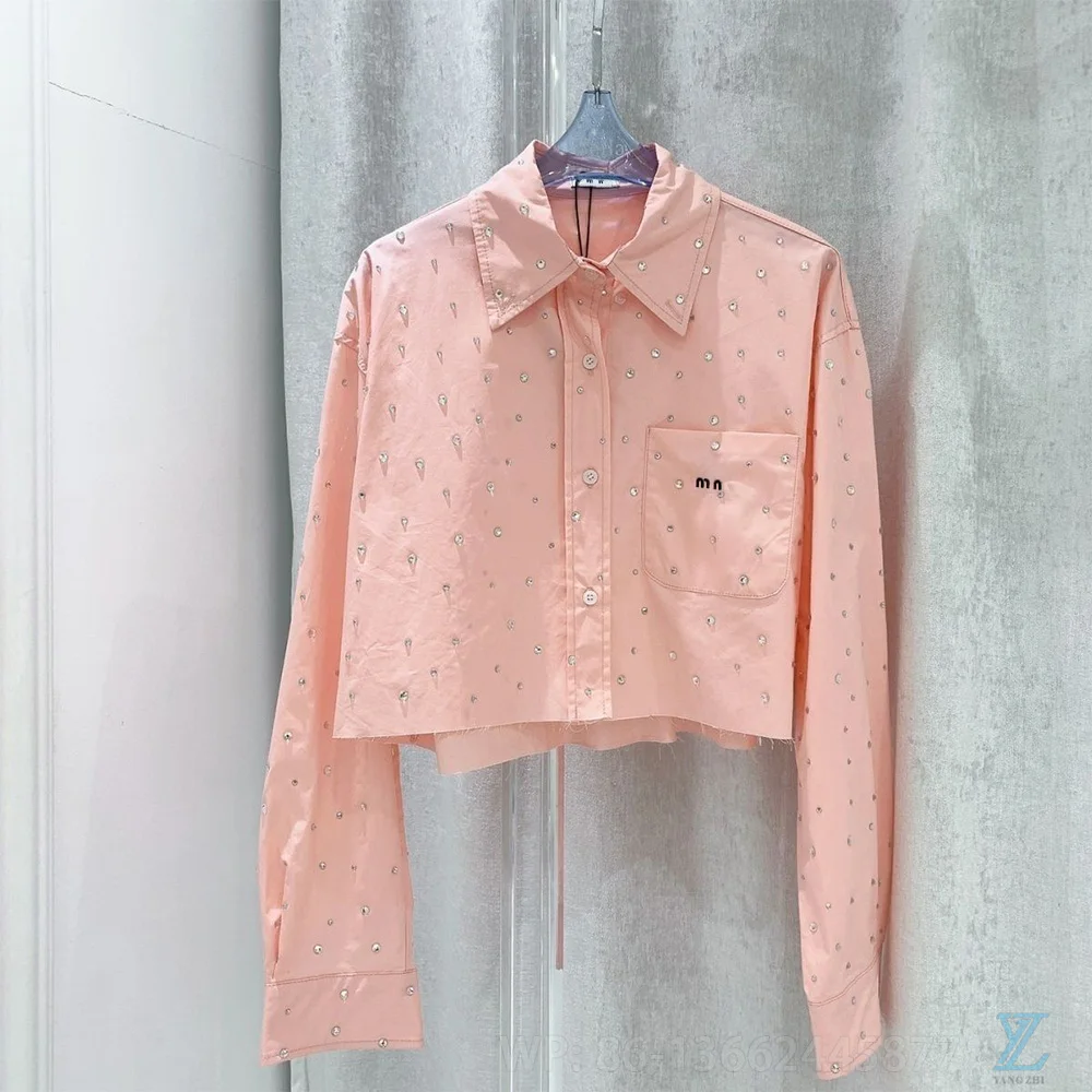 

2023 Spring and Autumn New Diamond Embedding Short Thread Hem Long Sleeve Loose Blouse Top Quality
