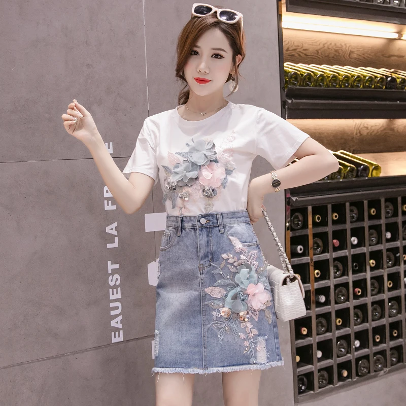 

Appliques Women's Denim Skirt Summer Loose Solid Korean Fashion 2022 New High Waist Mini Skirts Female A-LINE Clothes Empire