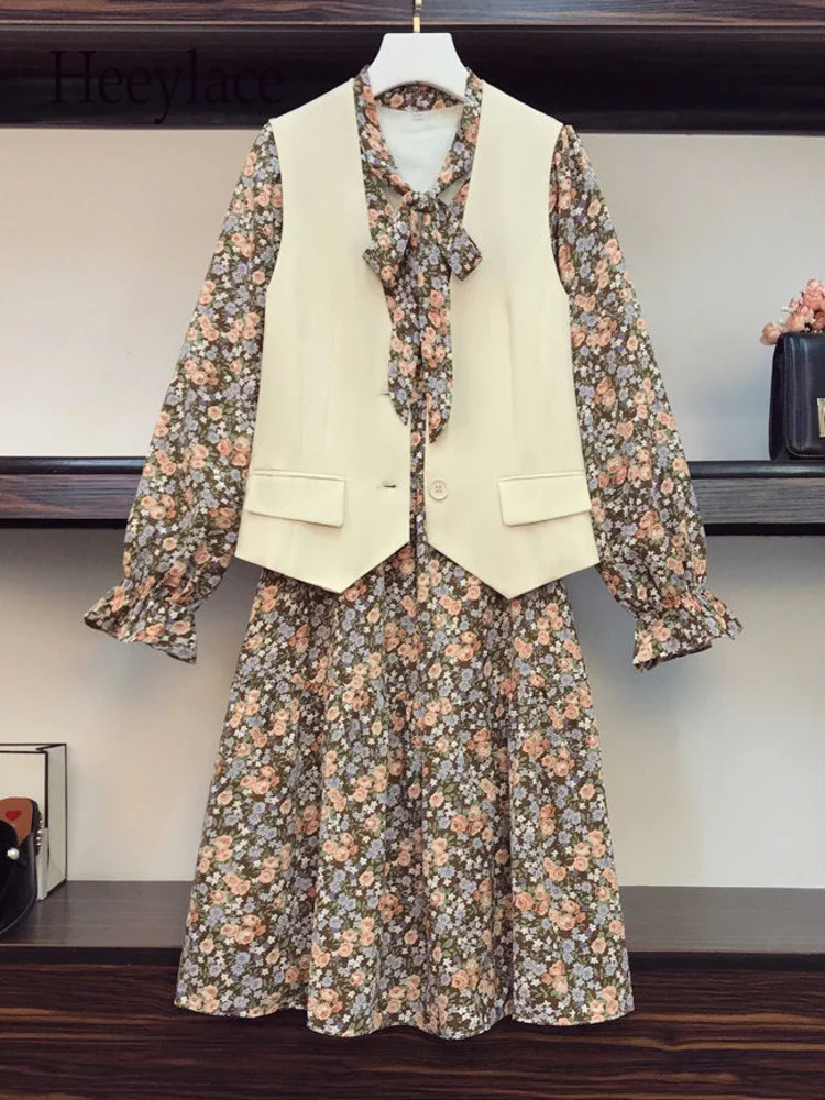 

Autumn Office Ladies Elegant Two Piece Sets Womens Outfits Korean Fashion Sweet Bow Collar Floral Print Dresses And Vest Suits