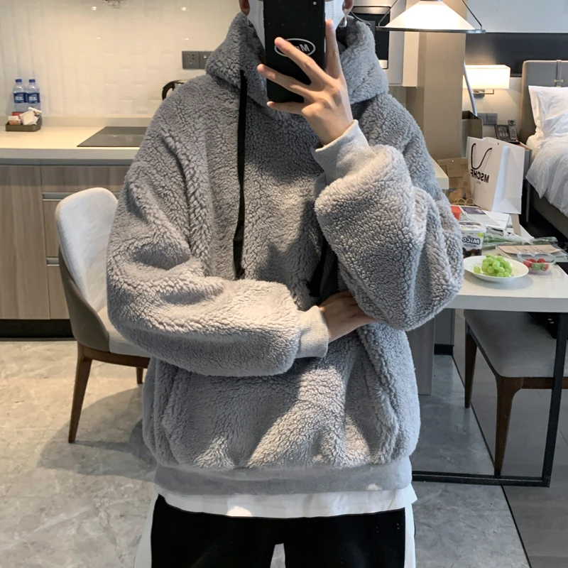 

Winter lamb wool sweater Youth versatile hooded jacket