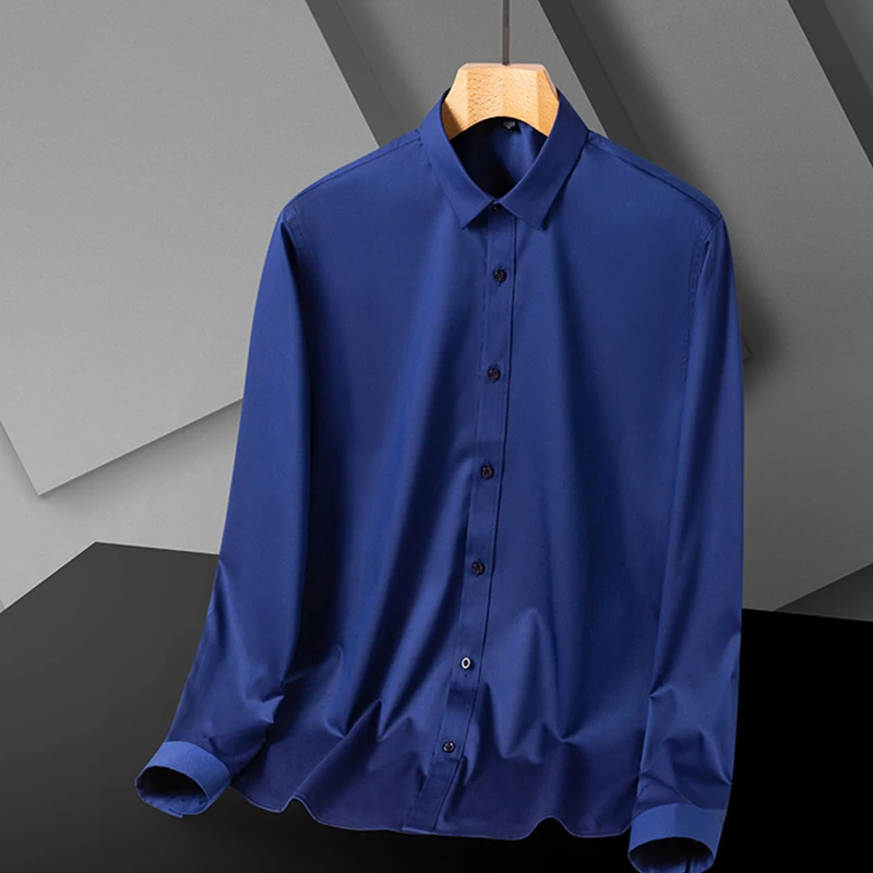 New autumn and winter anti-wrinkle seamless cotton stretch bamboo fiber men's shirt long-sleeved solid color business shirt