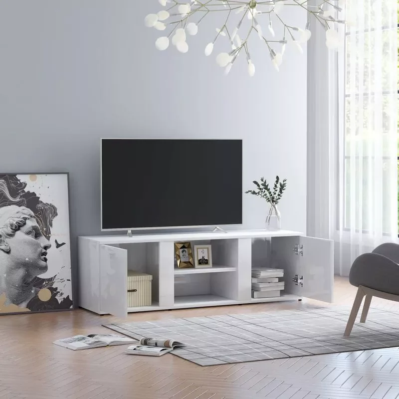 

Glossy white chipboard TV cabinet with 2 doors and 2 open compartments 120x34x37 cm