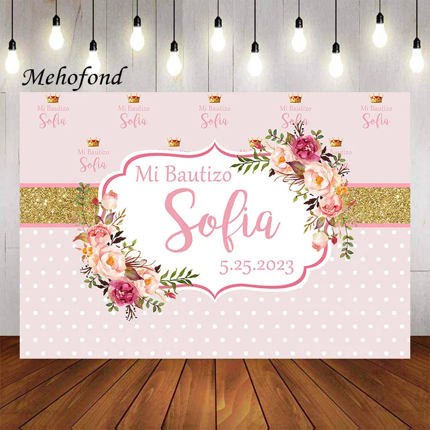 

Фон для фотосъемки Mehofond Mi Bautizo крещение Золотой благословенный девушка Святое Причастие Фотофон розового цветочного декора для студийной ф...