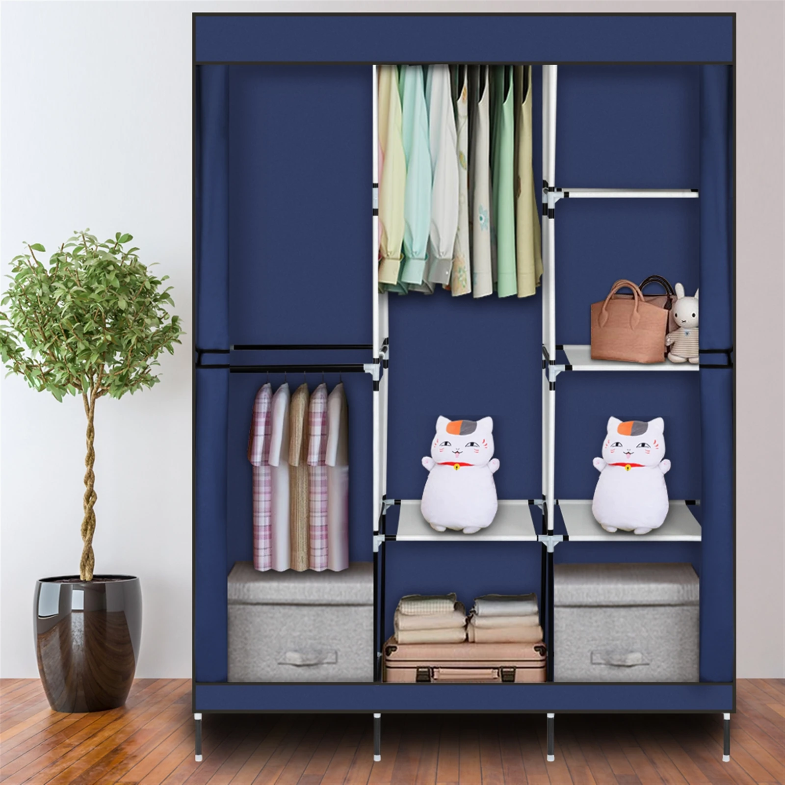 

71" Portable Clothes Closet Wardrobe Sturdy Durable Double Rod Clothes Storage Organizer Wardrobes Bedroom Furniture
