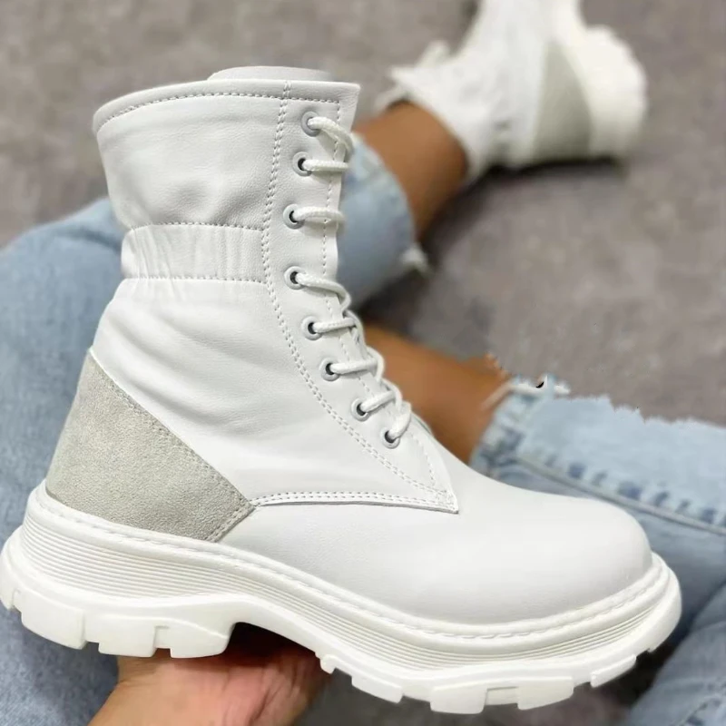 

Womens Boots New 2022 Autumn Fashion Short Women's Boots Thick Sole Lace Up Casual Winter Leather Boots Casual High Top Boots