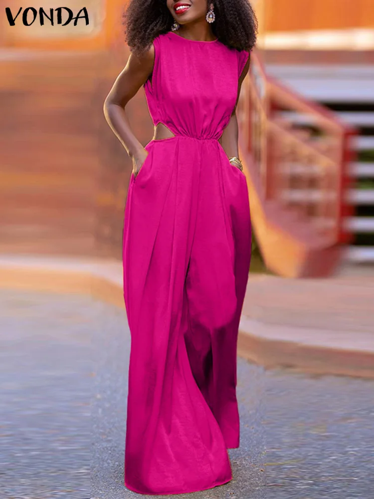 

VONDA Y2K Women Sleeveless O-Neck Loose Tops Playsuits Oversize Femme Elegant Pantalon Solid Party Wide Leg Polyester Jumpsuits