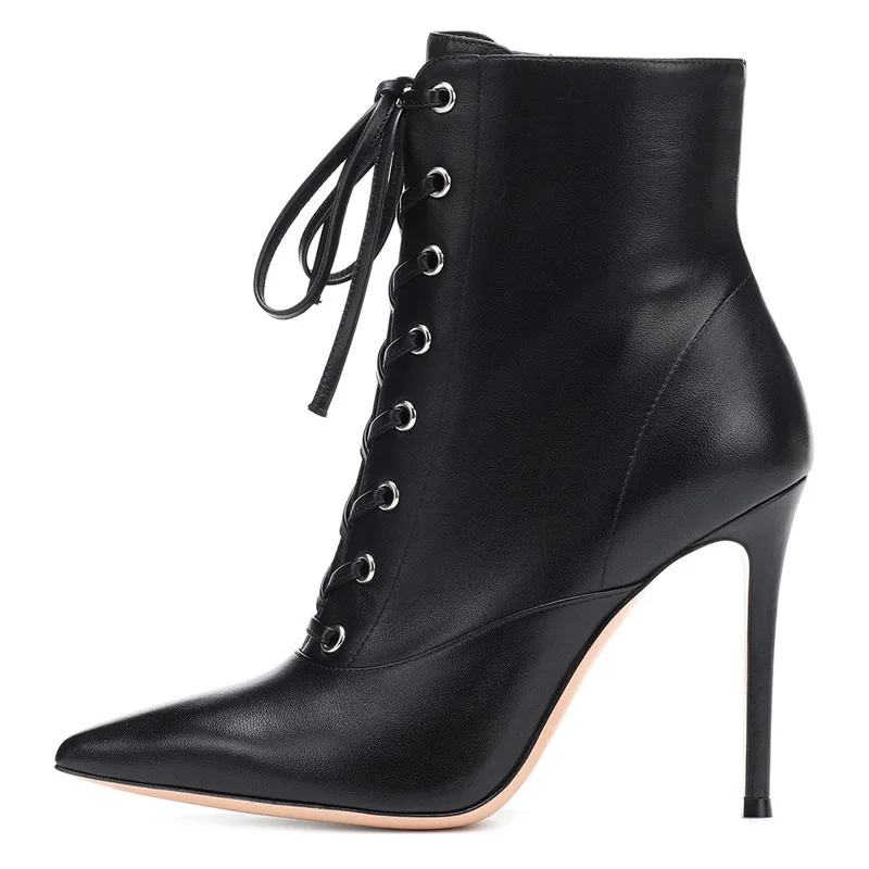 

2022 Autumn Women's shoes Pointed Toe Fashion Zipper Black Stilettos heels Office Lady Cross Lacing Ankle Boots Big Size 47 46