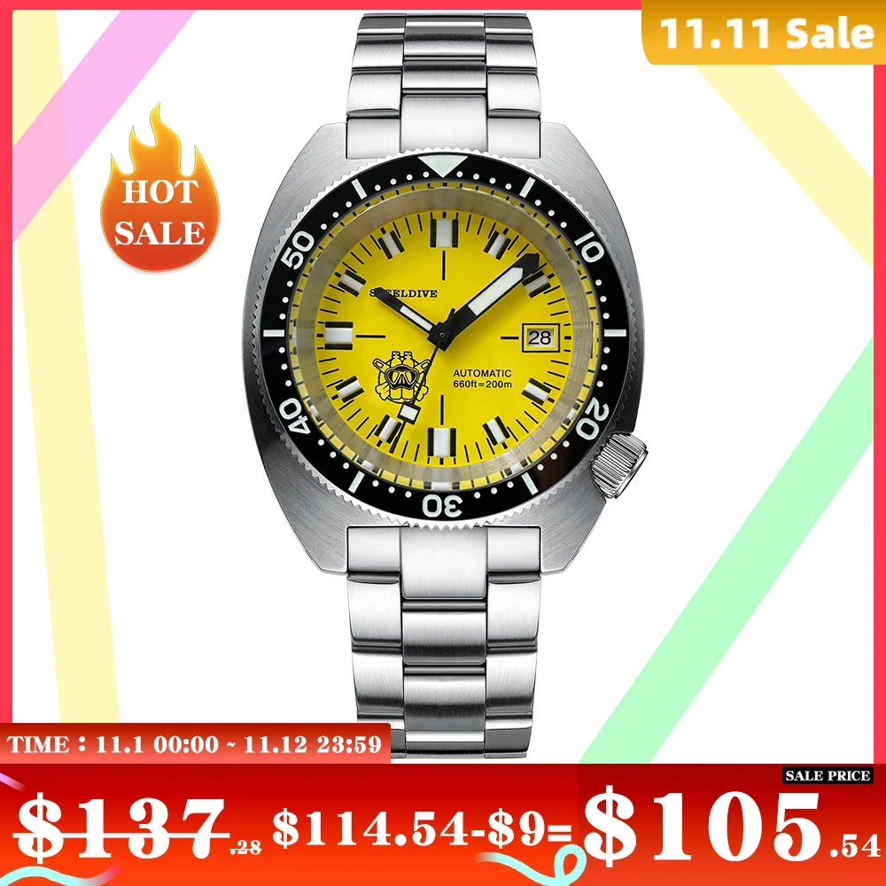 Купить Мужские механические часы для дайвинга из нержавеющей стали, с желтым циферблатом 42 мм