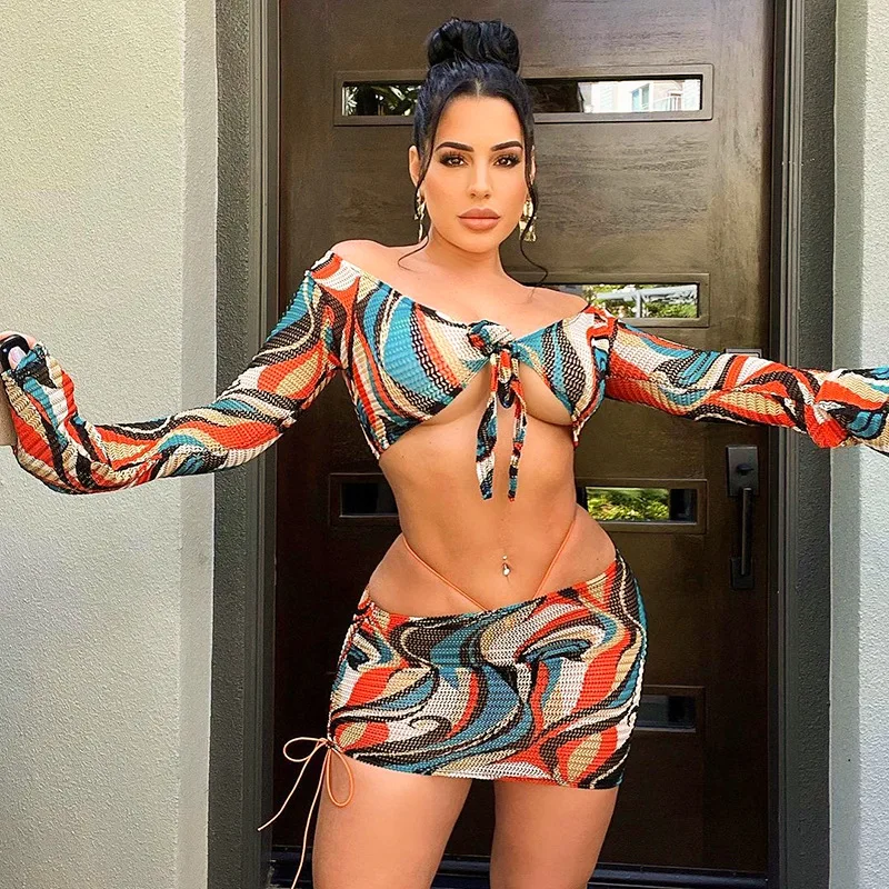 

Женские летние комплекты с платьем с принтом, сетчатый укороченный Топ с длинным рукавом и мини-юбка, Женский комплект из двух предметов, облегающая юбка с завышенной талией, 2021