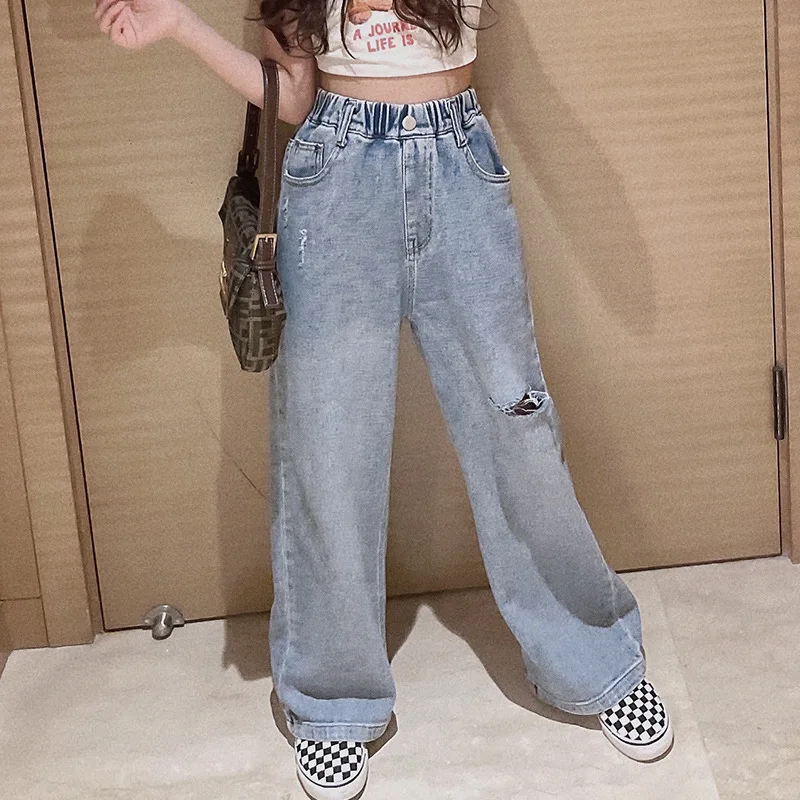 New Spring Girls Clothes Kids Straight Ripped Hole Loose Jeans Elastic Waist Trousers Child Teen Denim Wide Leg Pants miss