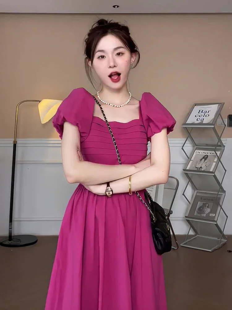 

Женское платье с пышными рукавами, розово-Красное длинное платье с застежкой на талию во французском стиле, лето, 2019