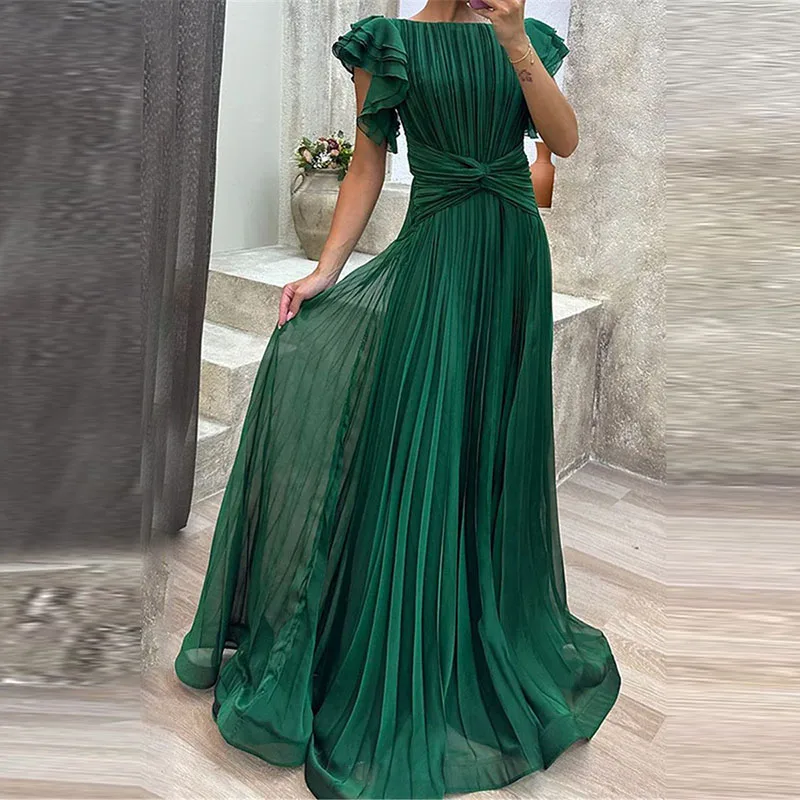 Модное платье трапециевидной формы с круглым вырезом и рукавами тонкое длиной до