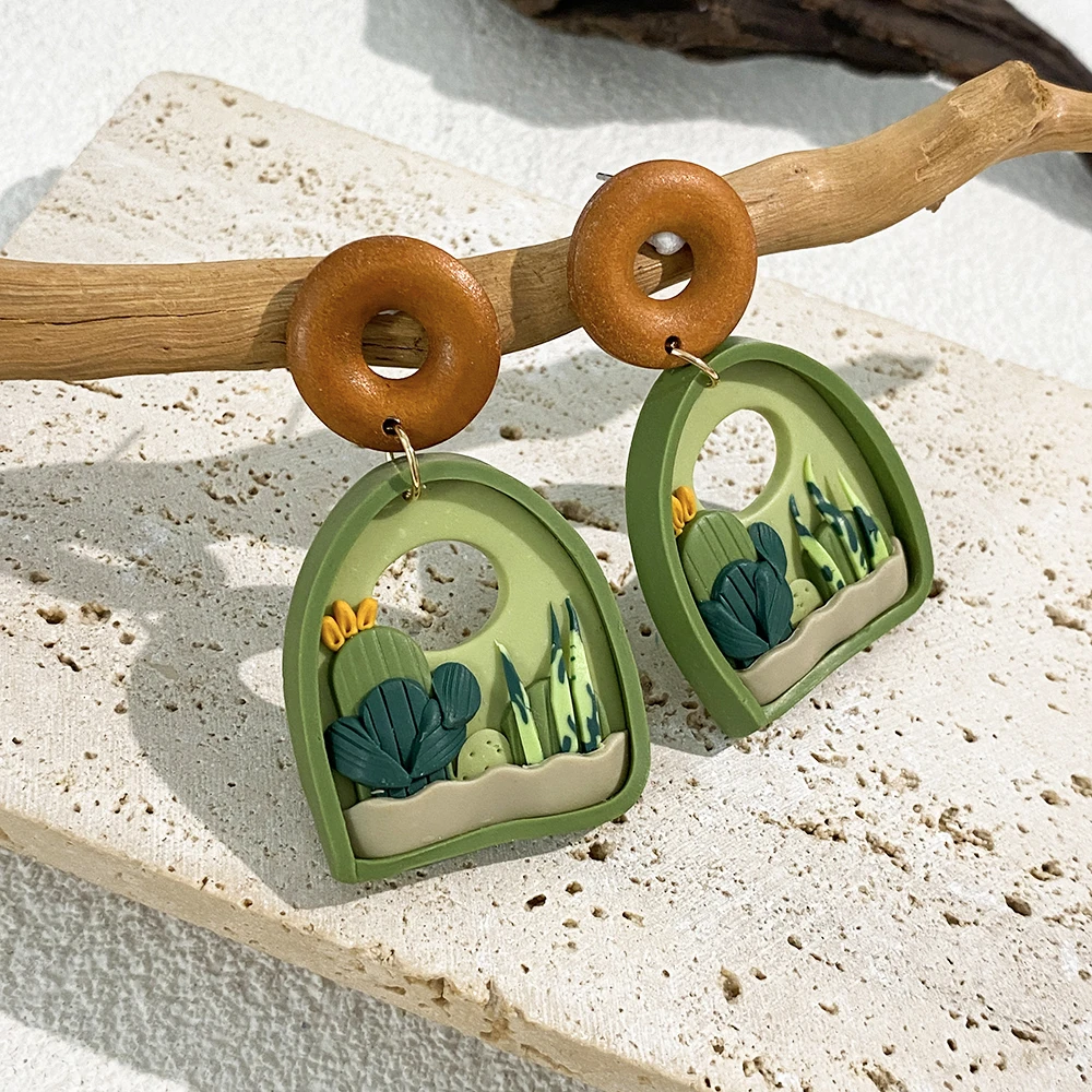 Серьги-подвески Lifefontier с зеленым кактусом