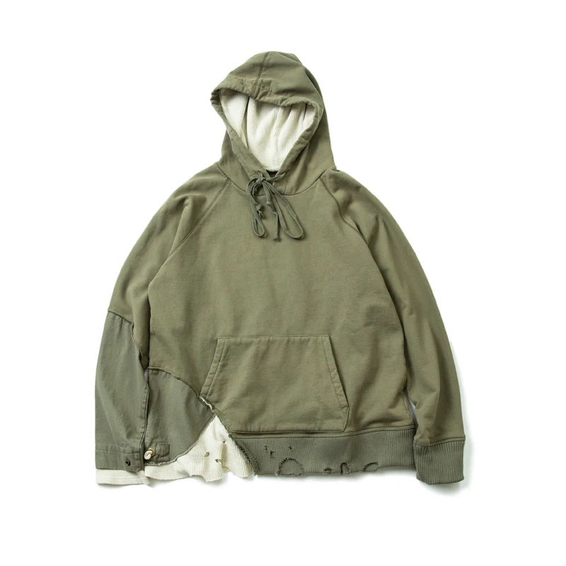 

GL Style Military Green Multi Material Personalized Stitched Hoodie Raglan Sleeve Loose Men's Washing Top Kangaroo Pocket Coat