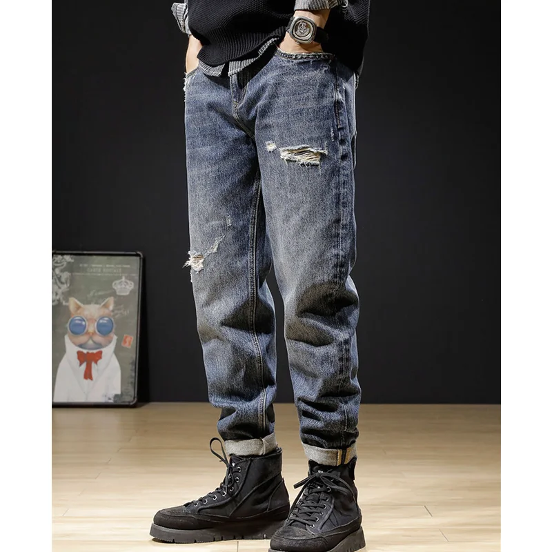 Men Clothing New Straight Loose Cylinder Plus Size Jeans Vintage Comfortable Navy Blue Harun Trousers Women Autumn and Winter