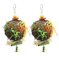 2pcs parrot shredder paper toys hanging rattan ball pet bird bite chewing toy with bells for budgie cockatiel cage accessories