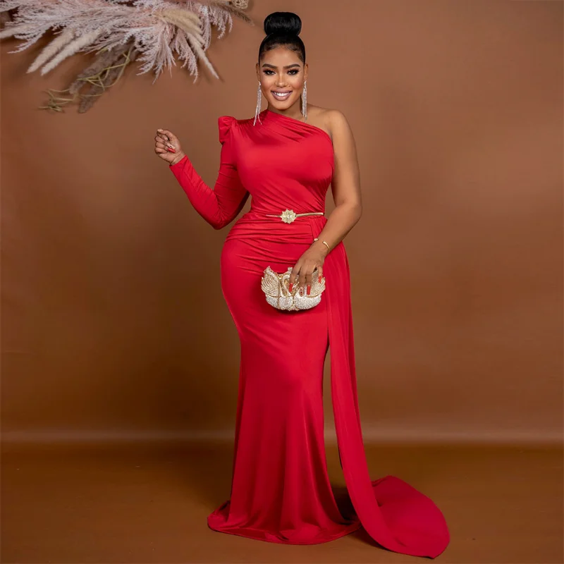 Elegant African Dresses for Women One Shoulder Sexy Bodycon Wedding Evening Party Slim Long Dress 2023 African Clothes with Belt