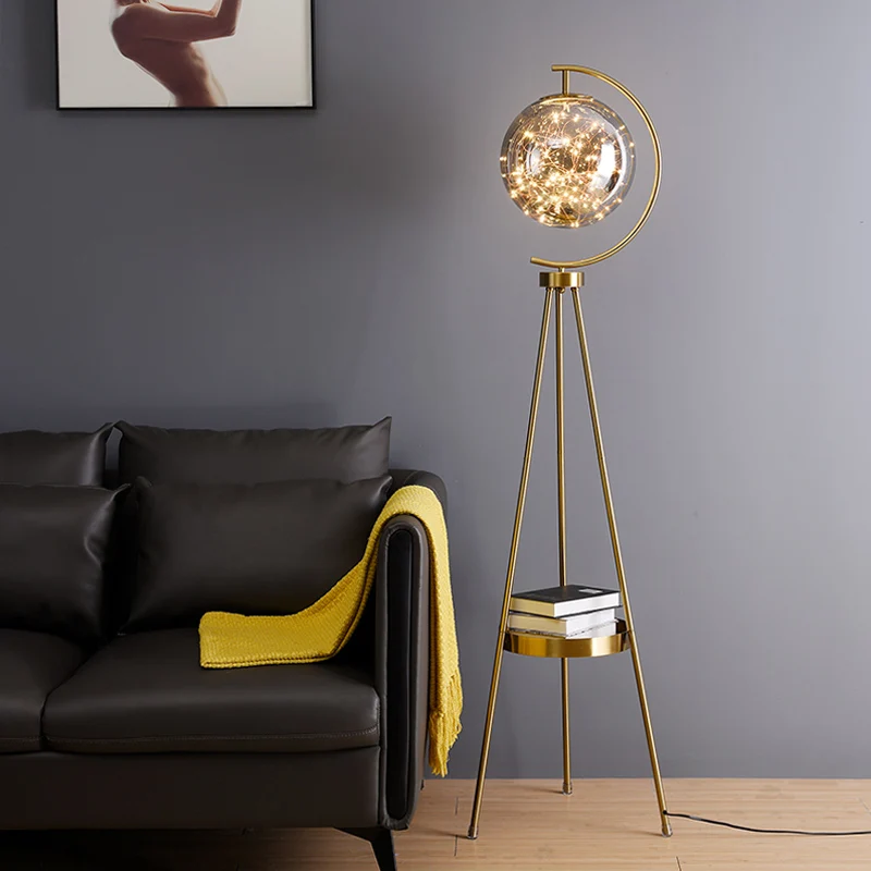 

Nordic Light Luxury Floor Lamp Living Room Bedroom Bedside Creative Personality Glass Ball Tripod Storage Vertical Table Lamp