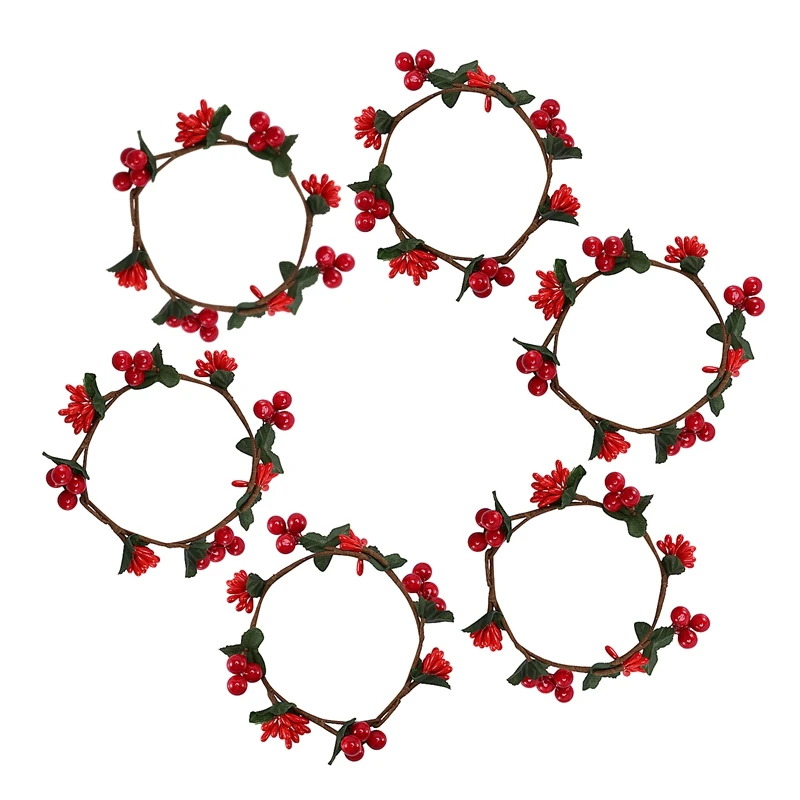 

6PCS Christmas Candle Rings Wreaths,Berry With Green Leaves Candle Rings For Pillars Small Wreaths For Rustic Wedding Centerpiec