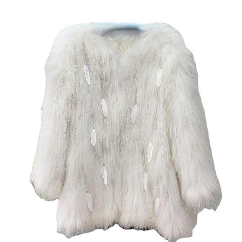 Fox Fur Raccoon Fur Feather Imitation Fur Fashion Coat Female Middle Long Thin Pearl Pendant Fringe Casual Coat Female