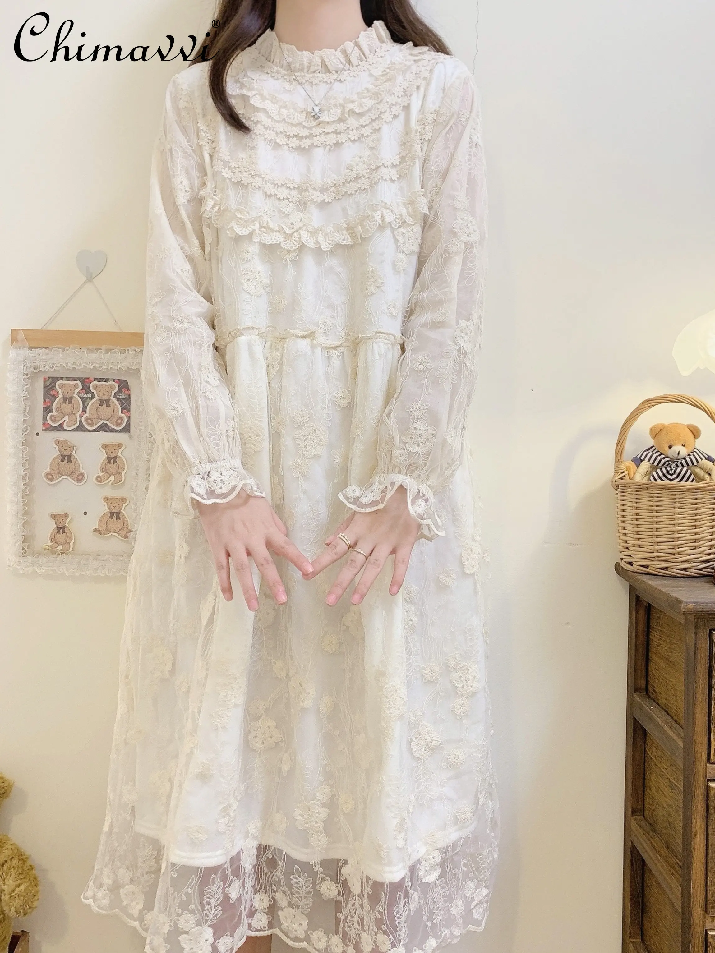 

Lace Crocheted Stand Collar Retro Fleece-Lined Long-Sleeved Dress 2023 Japanese Style Loose Waist Slim Temperament Long Dress