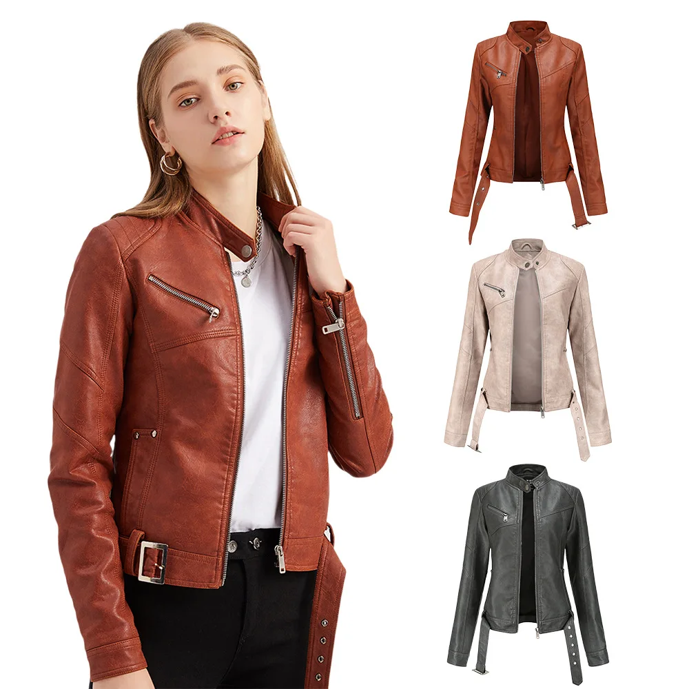 Nice Pop European Jacket Women's short belt women's Leather Jacket Large slim leather jacket stand collar thin style