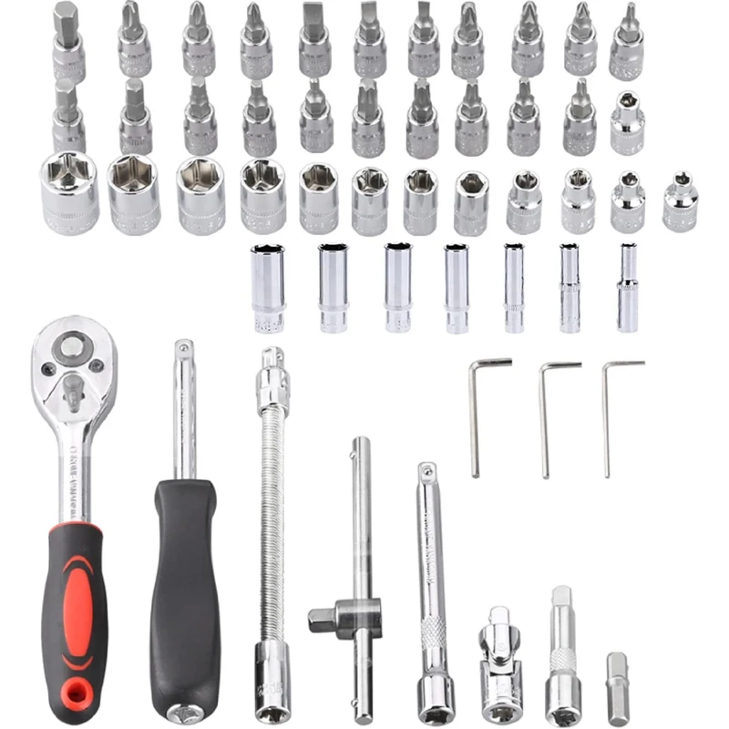 

53pcs 1/4-Inch Car Auto Automobile Motorcycle Repair Tool Ratchet Wrench Drive Socket Set with Plastic Toolbox Storage Case