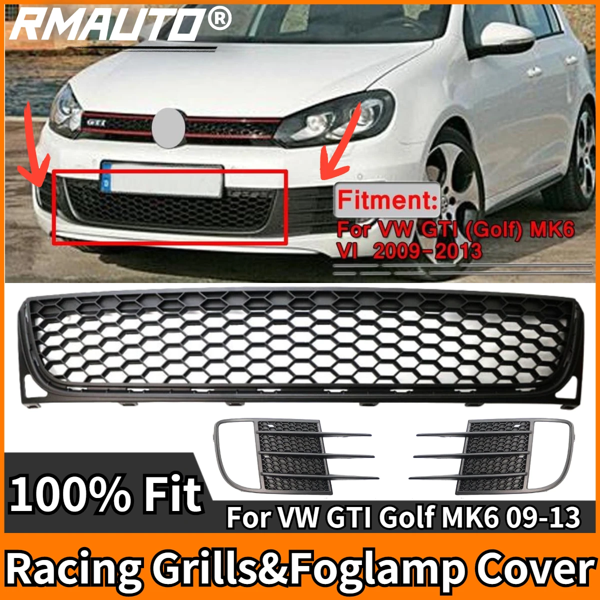 

RMAUTO Matte Black Car Front Bumper Grill Fog Lamp Cover Honeycomb Racing Grills For VW GTI Golf MK6 2009-2013 Body Styling Kit