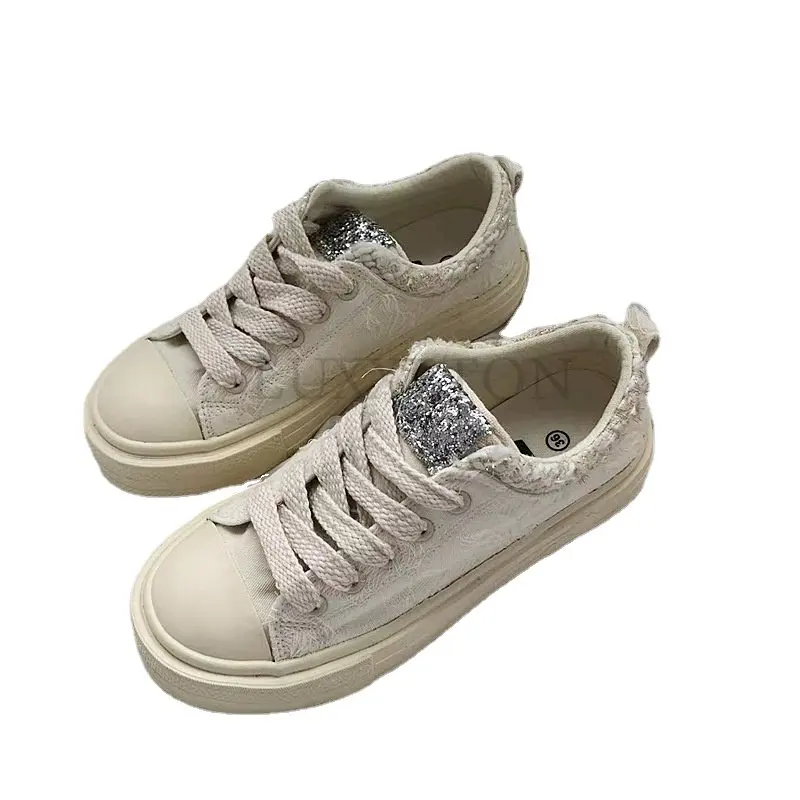 

Женские холщовые кроссовки, универсальные, на платформе, на шнуровке, однотонные, белые, Корейская версия