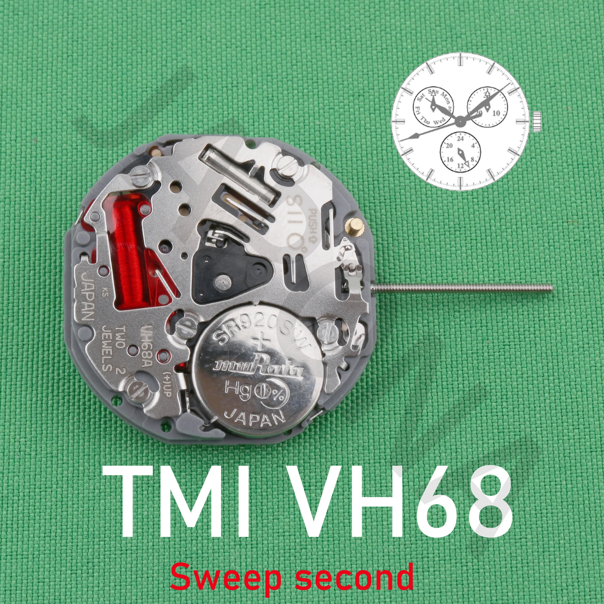 TMI VH68 Sweep second Multi-eye (day, date, 24 hr) JAPAN QUARTZ MOVEMENT VH68A small hands at 2/6/10 enlarge