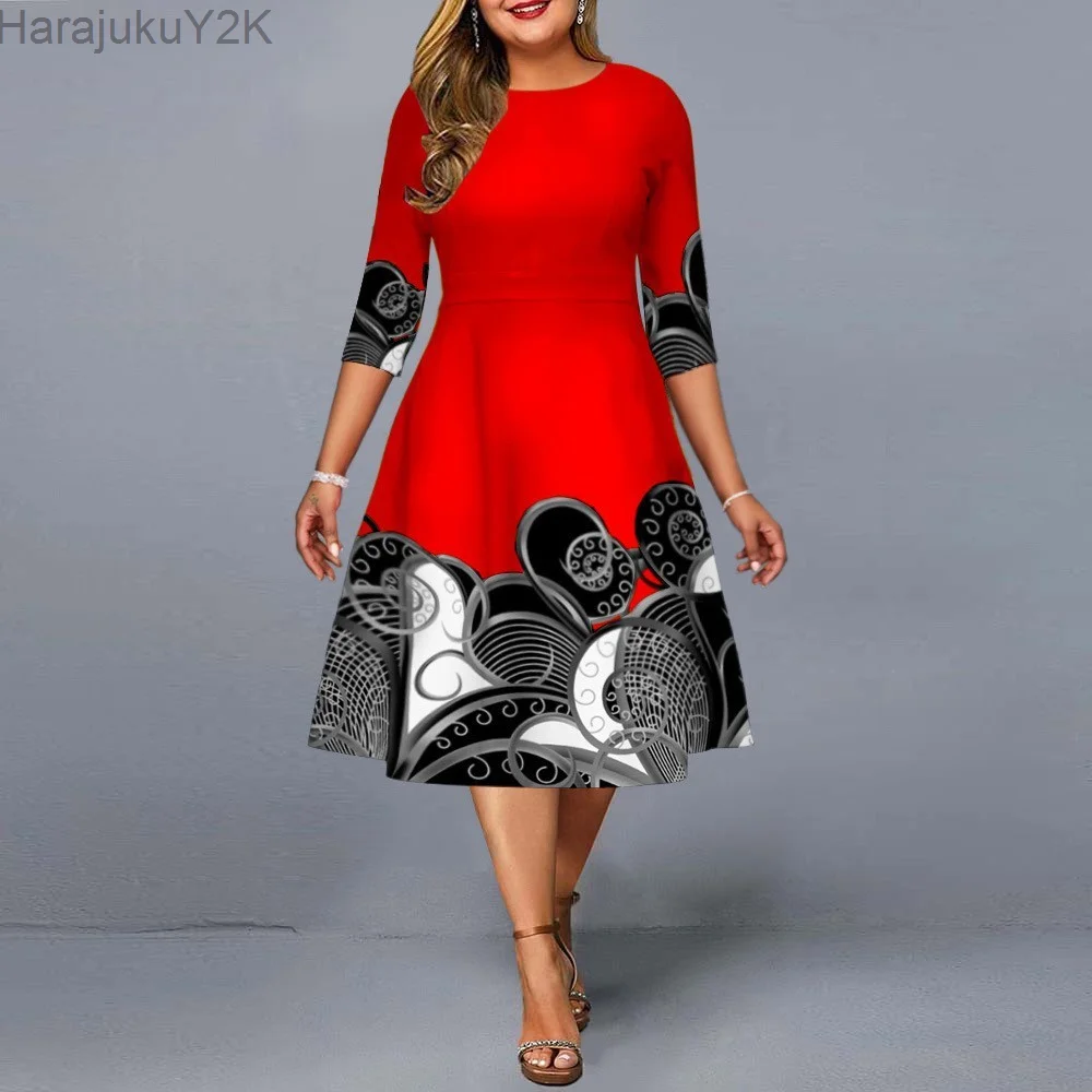 

2022 Women Autumn Elegant Digital Printing Dress Female Plus Size A-Line Robe Femme Fashion Designer Office Party Vestidos
