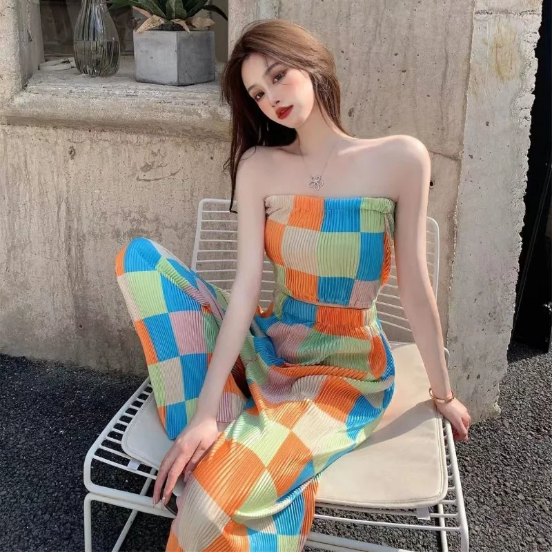 

2 Piece Sets Womens Outfits Sexy Summer Colorful Plaid Crops Camisole Holiday High Street Sweet Girl Trendy Ins High Waist Pants