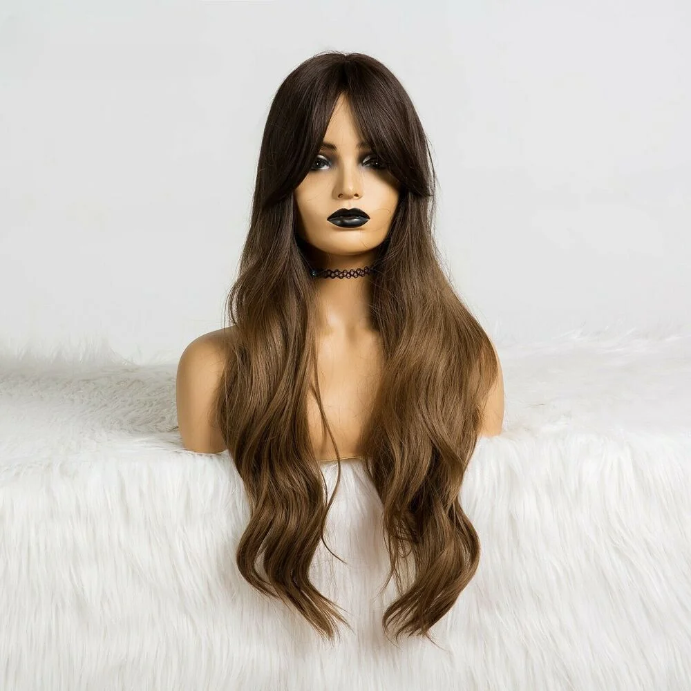 Темно-коричневые волнистые парики с длинной челкой для женщин