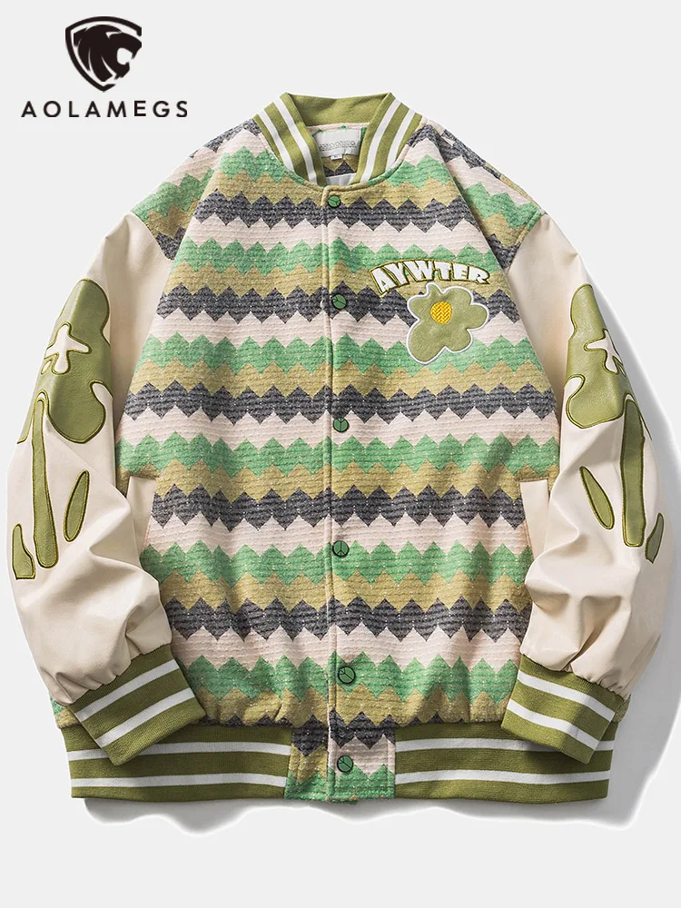 

Мужская бейсбольная куртка Aolamegs, Зеленая кожаная куртка-бомбер в полоску с цветочным принтом, Повседневная Свободная верхняя одежда